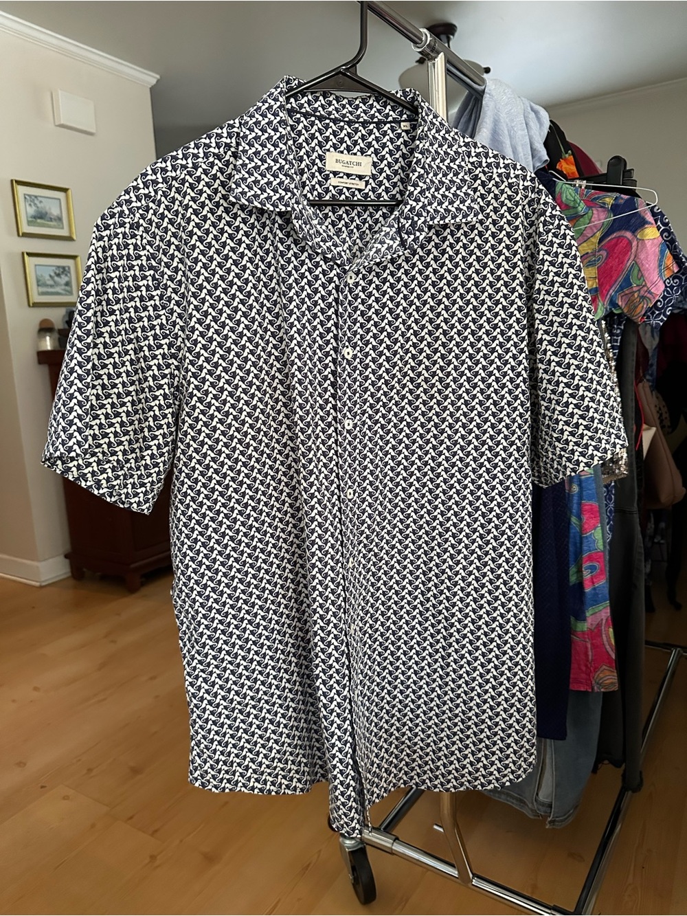 Bugatchi Navy and White Seahorse Short-Sleeve Button-Down Shirt